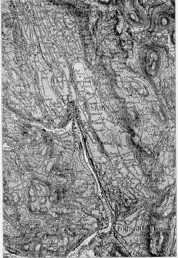Kart over Gjerpen ned mot Skienselven